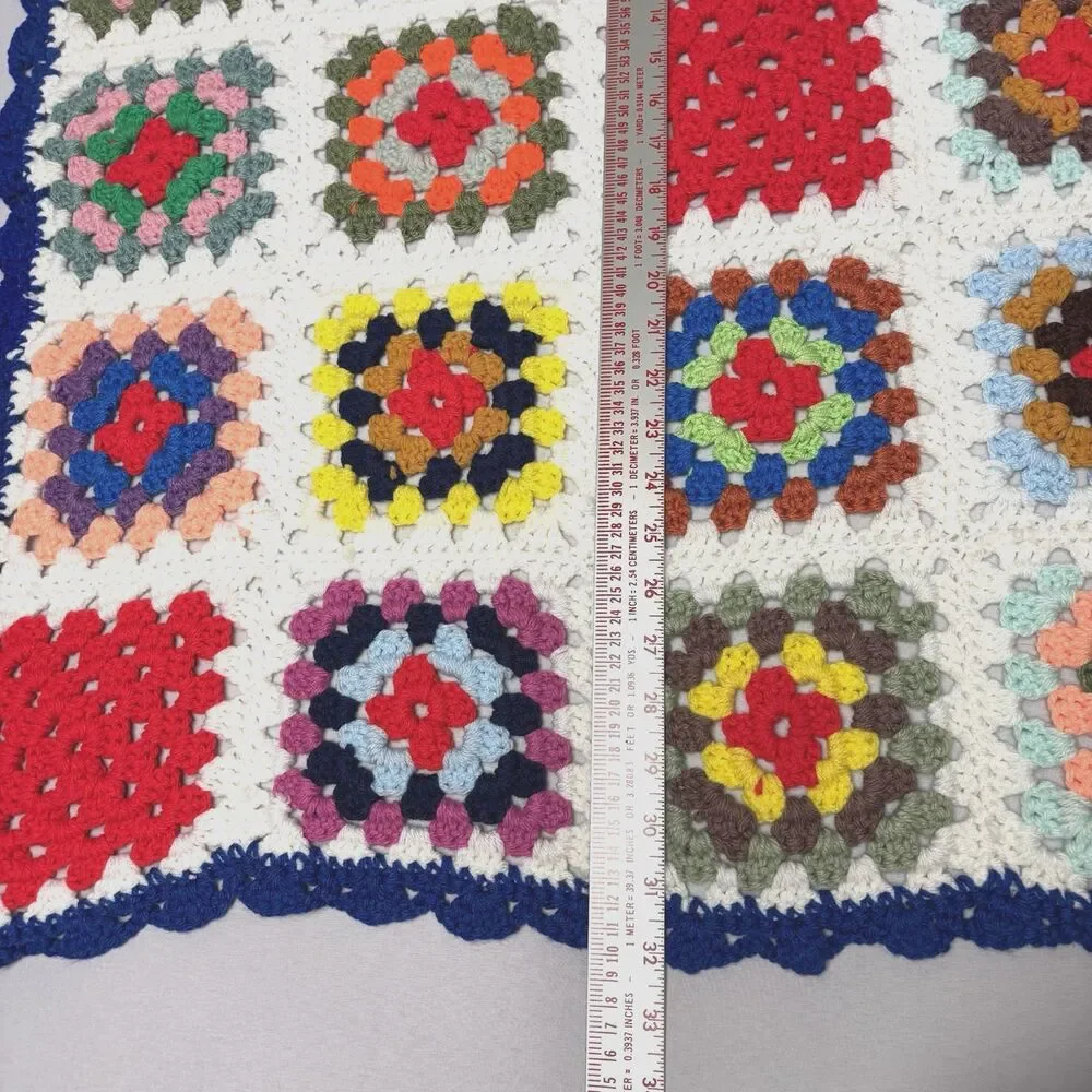 Vtg Colorful Granny Square Crochet Crib Blanket Throw Dark Blue Trim 32 X 32